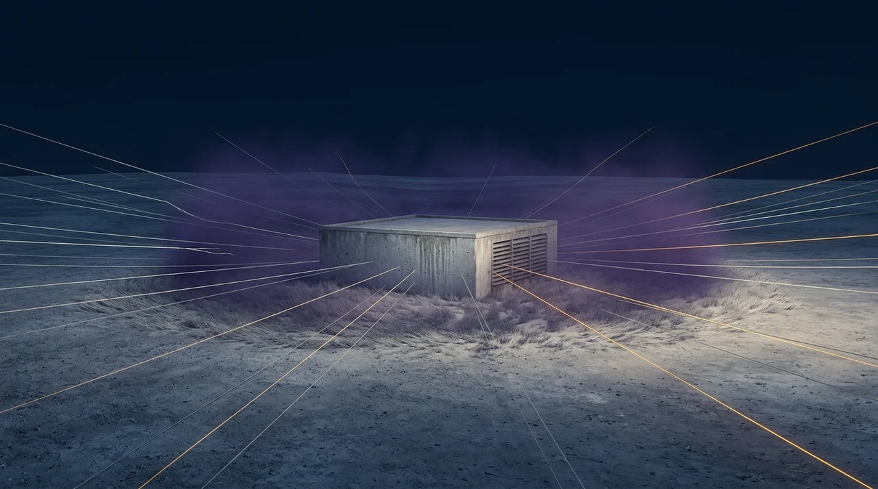 窓の無い低い建物へ、あらゆる方向から細い注意の線が集まり、建物のすぐまわりの空気が目に見える場になって濃くなっていく様子