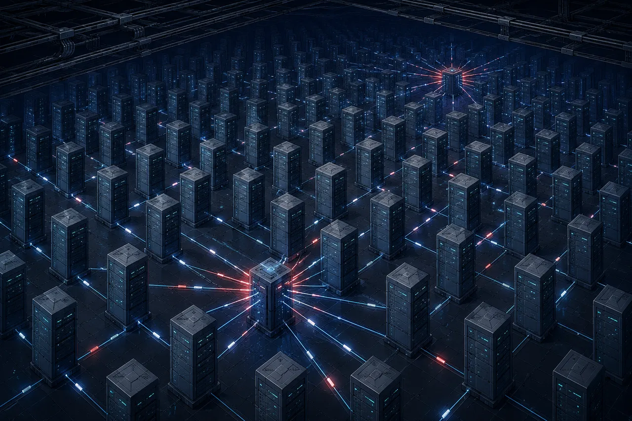 A grid of dark server towers connected by faint glowing lines, with numerical streams flowing between them in a vast underground hall