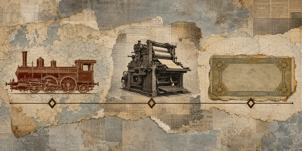 A faded historical timeline showing a 1917 train, a 1970s printing press, and a 1991 ruble note arranged in sequence across a cold neutral palette