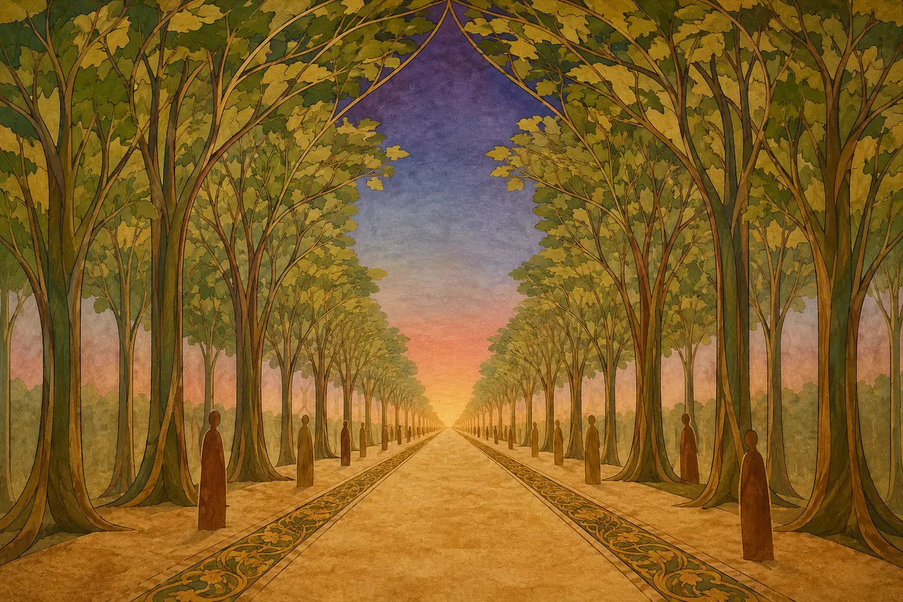 A road stretching toward a horizon at dawn, lined by faint silhouettes of people walking forward without escort, the sky shifting from indigo to early light