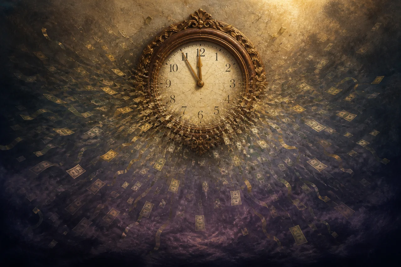 A clock face reading just before twelve, with numerical streams of currency dissolving outward from the dial into darkness