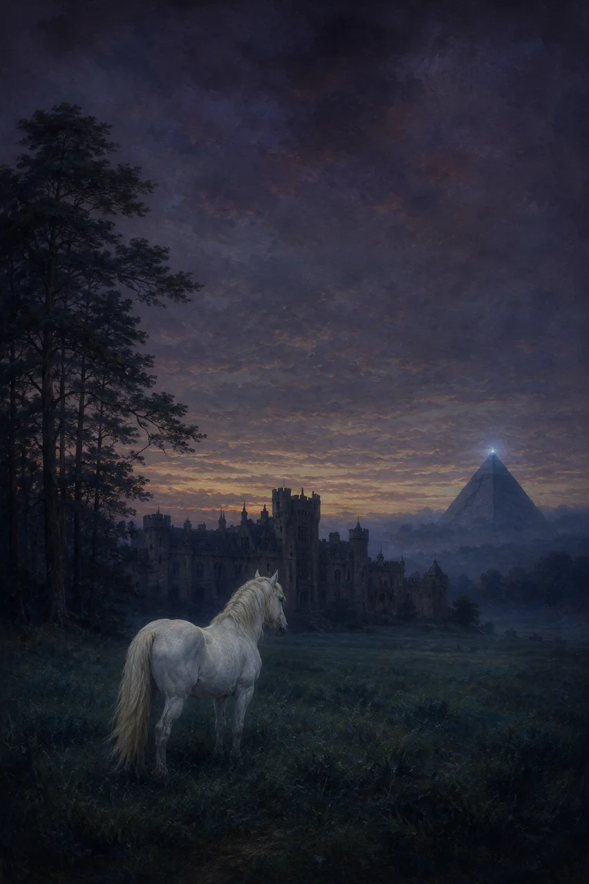 A misted Scottish castle at dusk with a single white horse standing in the foreground and a faint pyramidal shape glowing on the grounds beyond