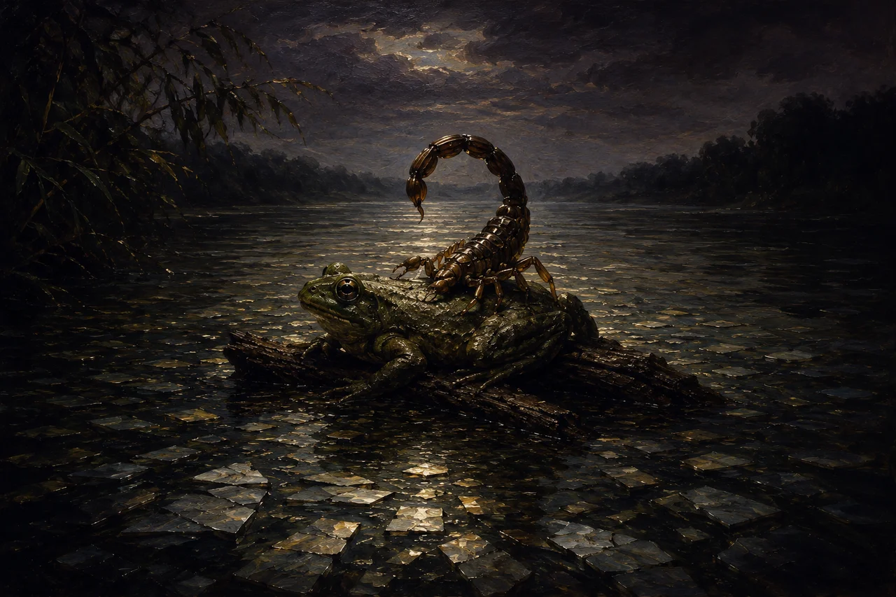 A dark river at dusk with a frog mid-stream carrying a scorpion on its back, the scorpion's tail arched toward the frog