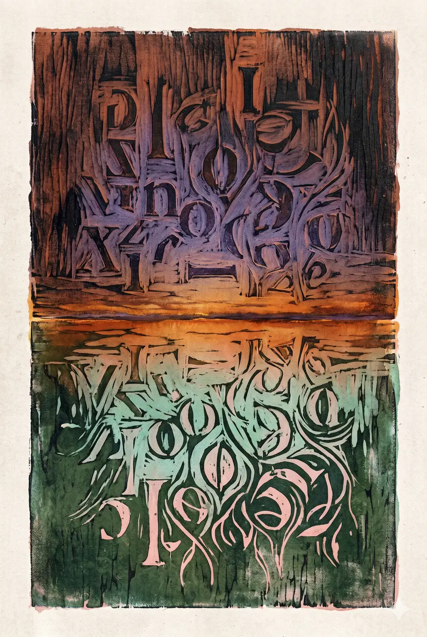 An abstract mirror composition with the words EVIL and LIVE reflected into each other across a dark-to-light gradient, the letters partially dissolved into glyph-like fragments