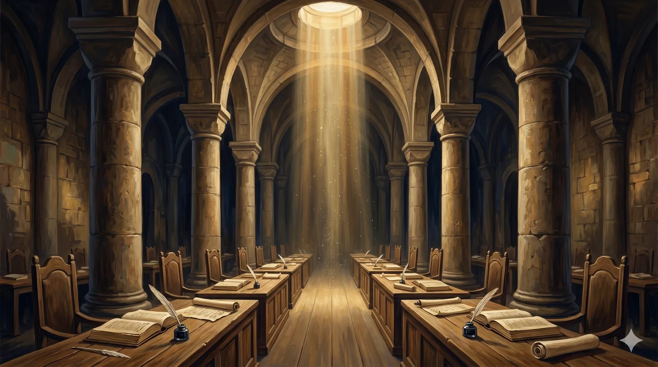 A vast subterranean hall with stone columns and reading desks, a column of light descending from above into the center of the chamber