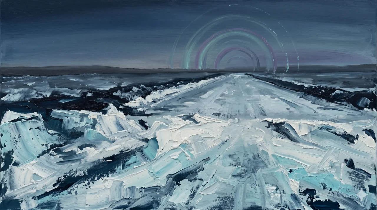 A frozen runway at Thule, Greenland, with a faint energy disturbance haloed in the dark sky above