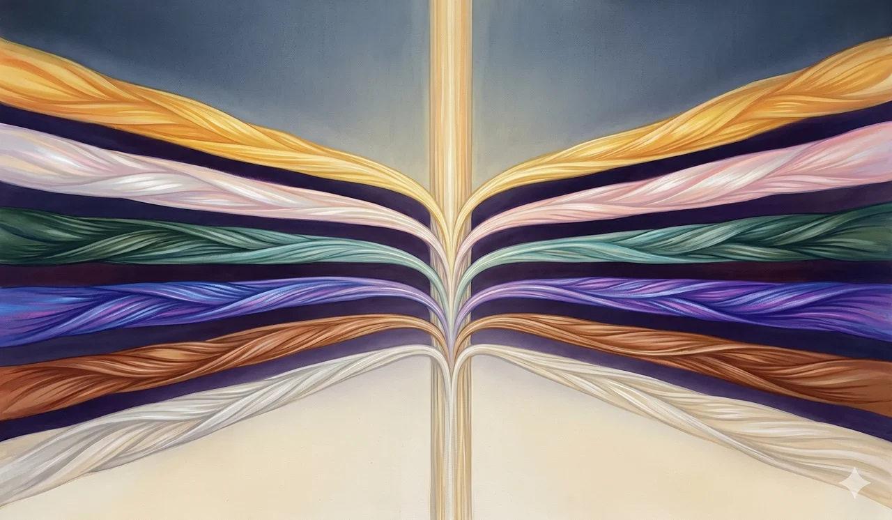 A central vertical column branching into six faintly differentiated streams of light, suggesting the six currents of control flowing from a single source