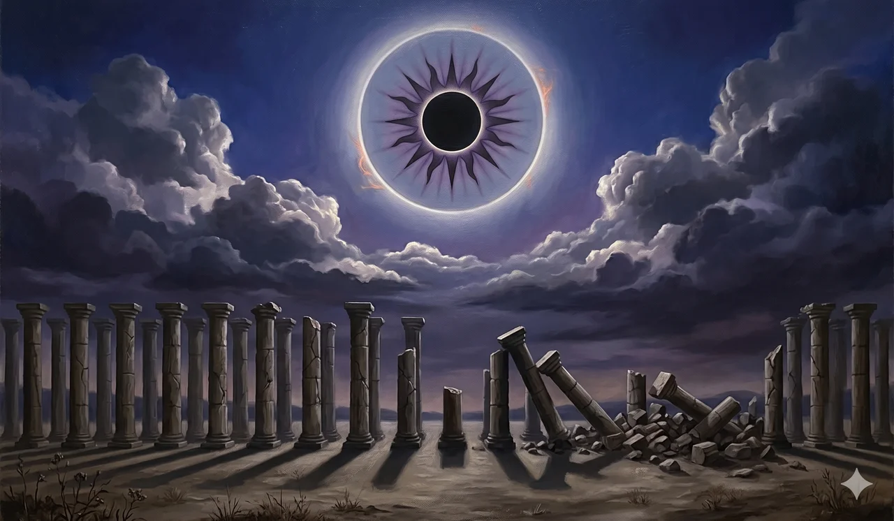 A dark eclipsed sun in the upper sky over a row of crumbling stone columns at the lower edge, suggesting the April 8 eclipse and a structural collapse