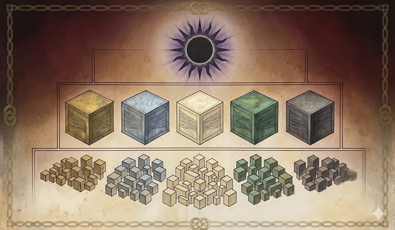 A pyramid hierarchy with five sector blocks in the middle row labeled financial, political, media, intelligence, military, the Black Sun structure above, and operational clusters below