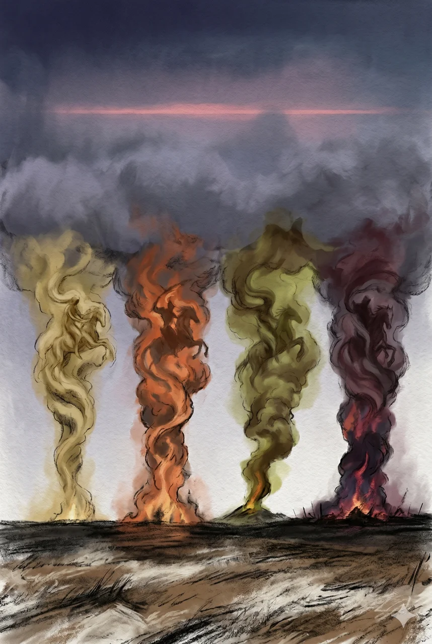 Four vertical columns of smoke and fire rising from a dark horizon, with faint silhouettes suggesting riders, evoking the Four Horsemen of the Apocalypse
