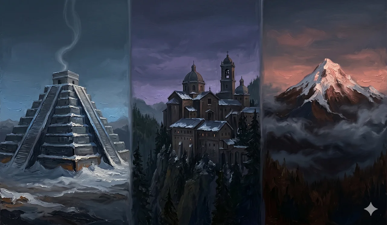 A composite landscape combining a snow-covered stone pyramid structure, a mountain monastery, and a snow-capped peak, suggesting the three ritual gathering sites