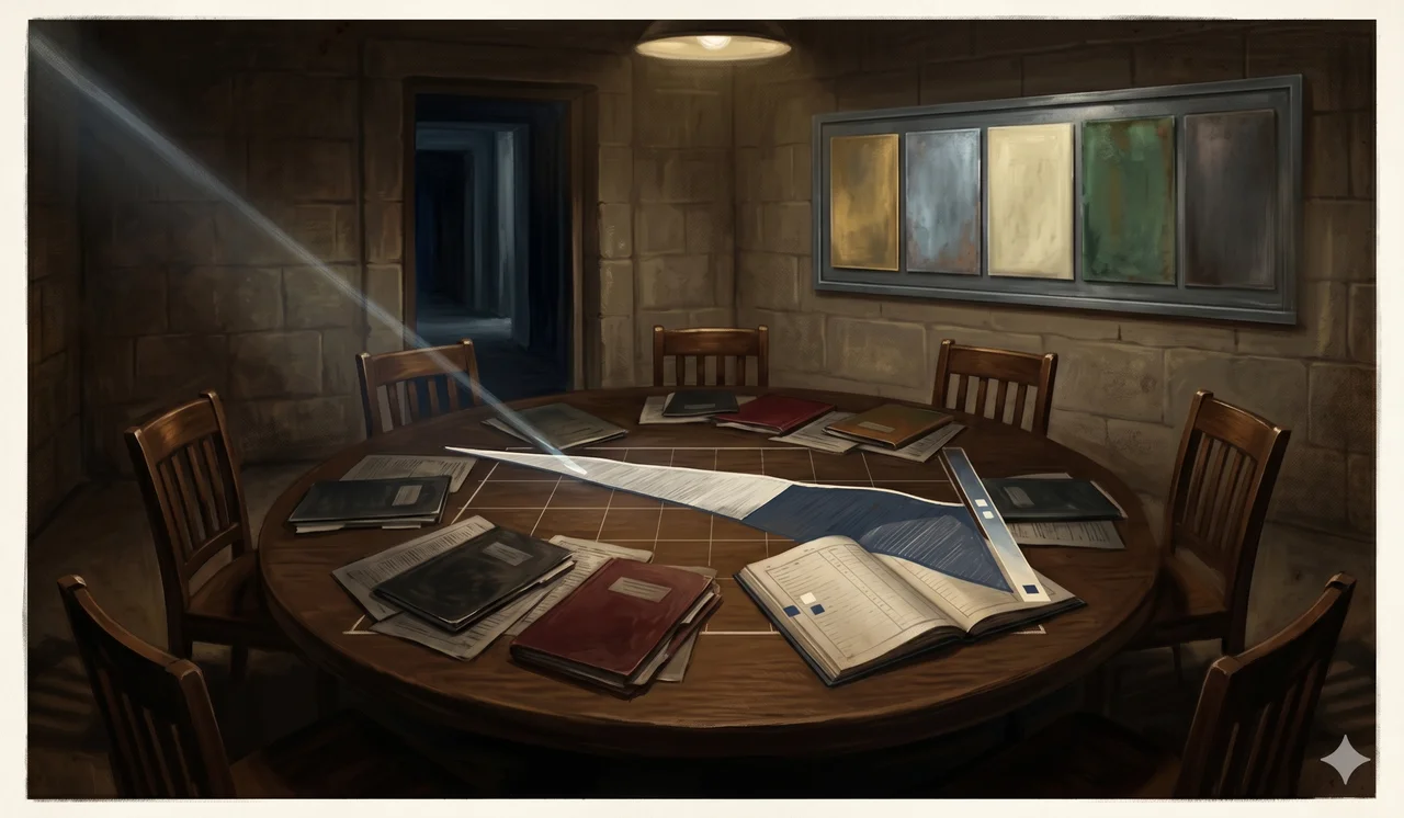 A round table with five empty chairs in a heavy stone underground room in muted slate and charcoal blue, the table covered in dark documents, suggesting a coordination chamber