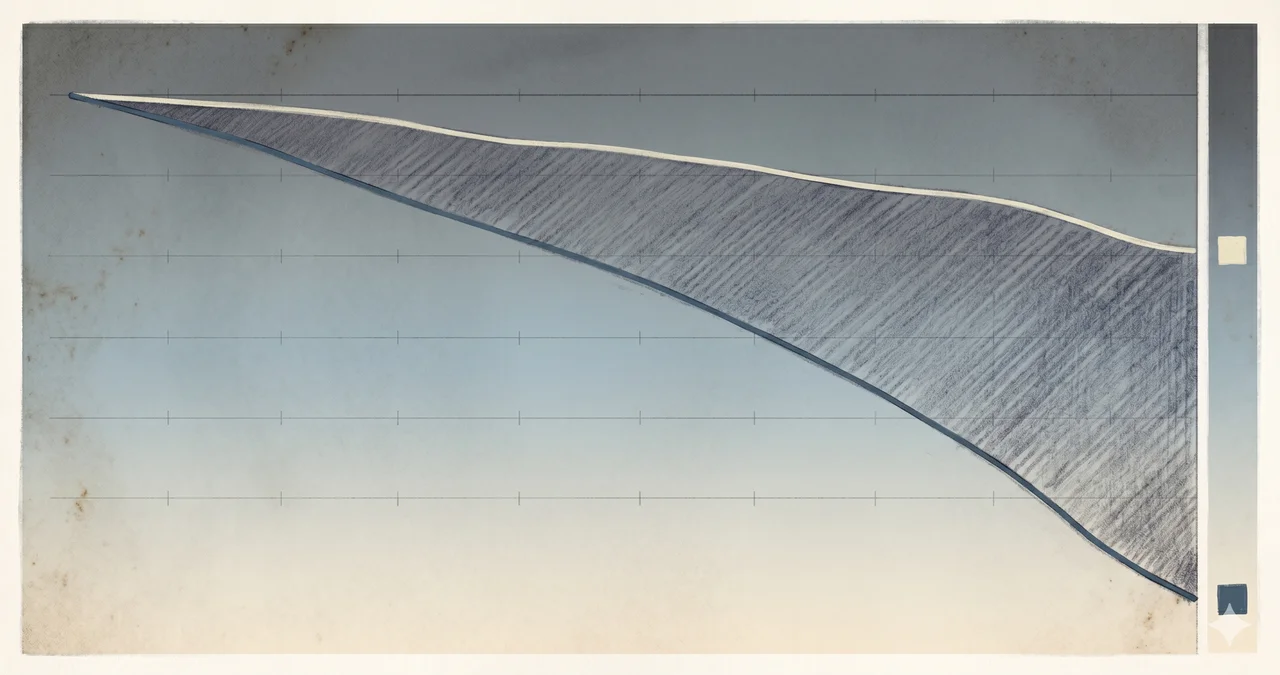 Two curves on a market chart against a muted slate background, with a shallow upper curve labeled approximately 500 points and a steep lower curve labeled approximately 2,700 points, the shaded gap between them filling most of the frame