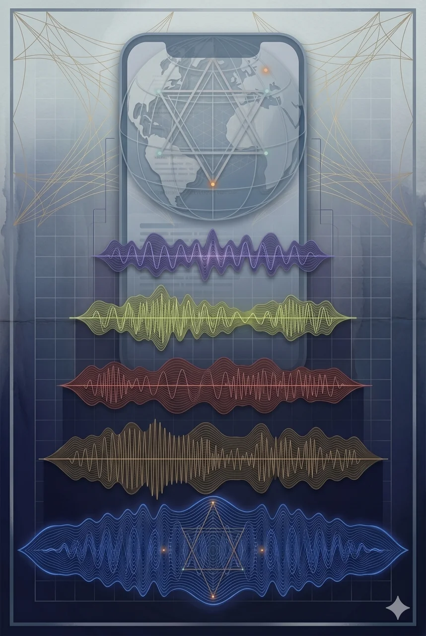 A vertical stack of light waves with an uncertain phone-screen shape at the top and several layered ripples below, in muted slate and indigo, suggesting hidden frequency layers under a social media feed