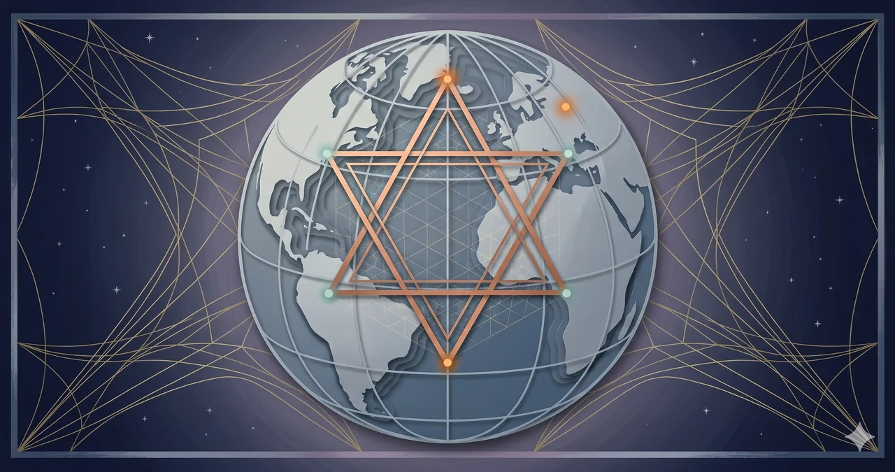 A Star of David geometric figure overlaid on a faint globe, with one northern point anchored at Moscow and one southern point at Chimborazo in the Andes, suggesting a global transmission layer