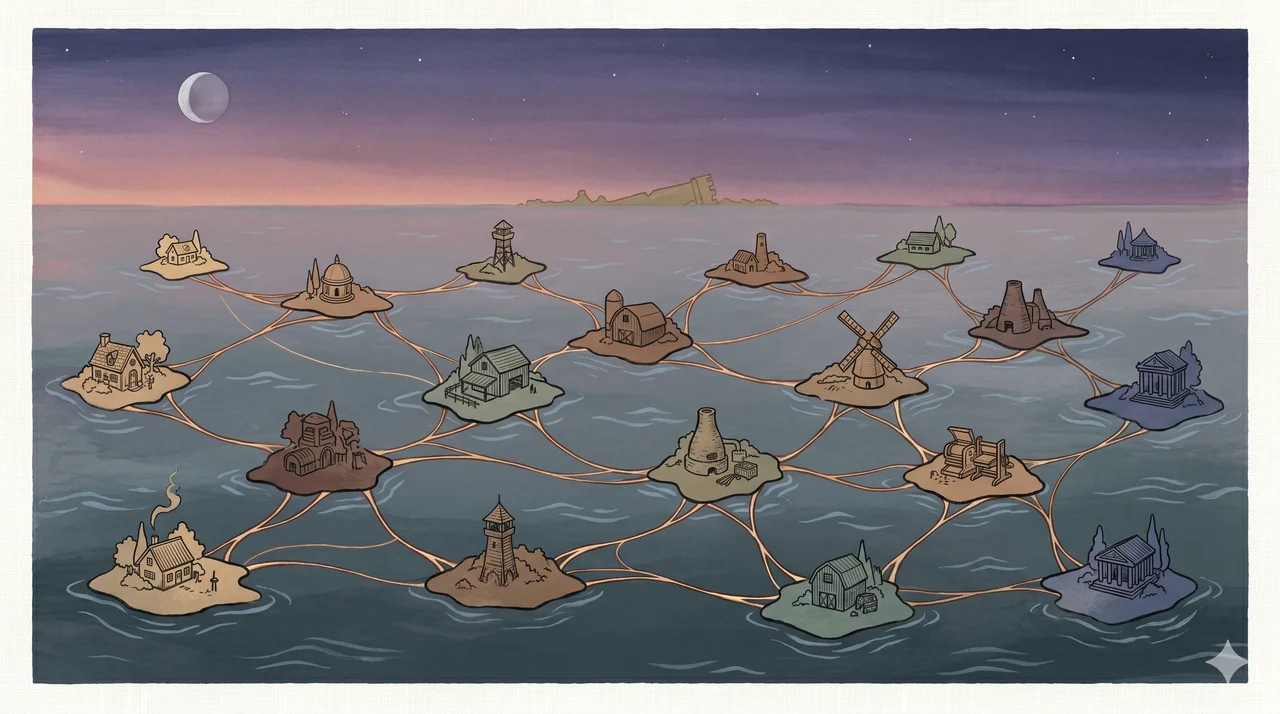 Multiple small islands floating on water in muted slate and deep teal tones, connected to one another by thin lines of light running between them, no large central island in the frame