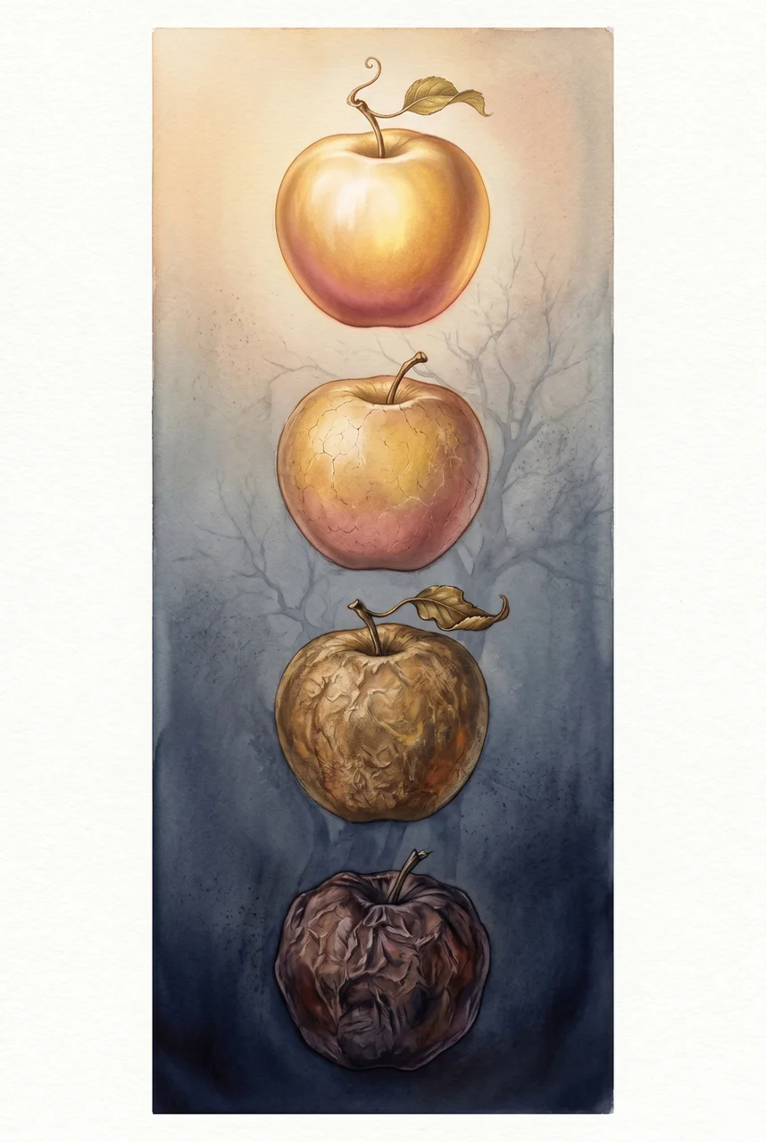 A vertical stack of four apples in a charcoal blue gradient: at the top a luminous golden apple, then a dimmer apple with light fading from its surface, then a drying apple with rough texture, then a barren dark apple at the bottom