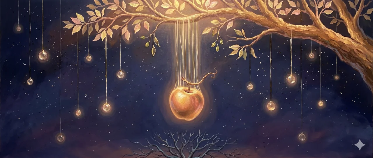 A luminous branch of a great tree at the top of the frame, with a single golden apple rising toward it through thin threads of light against a midnight indigo background scattered with small flecks of gold