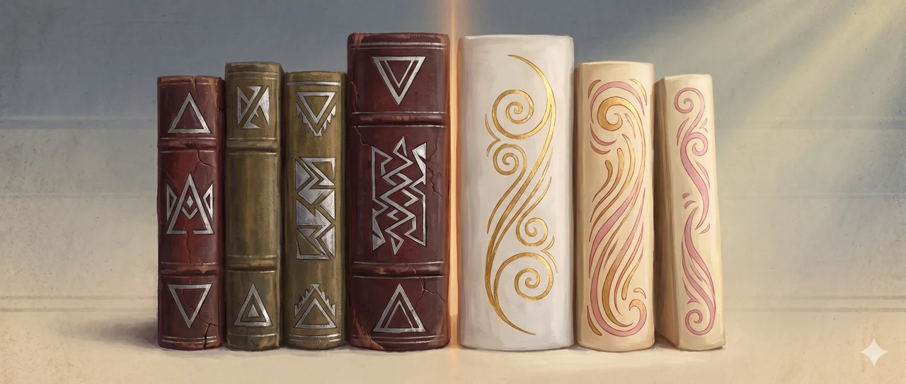 Six books arranged horizontally on a muted slate background, the left three with dark covers bearing angular geometric marks, the right three with luminous covers bearing flowing curvilinear marks, a faint dividing line down the middle