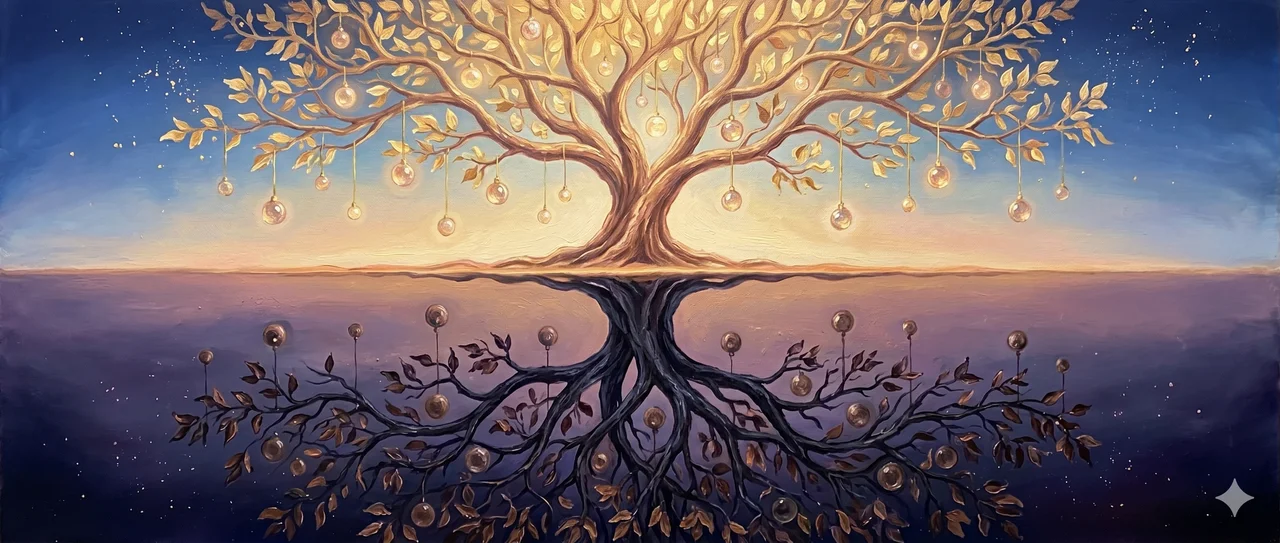 A luminous golden tree above a faint horizon line, with a mirror-image dark tree below it reaching downward, small crystalline orbs hanging from the branches on both sides