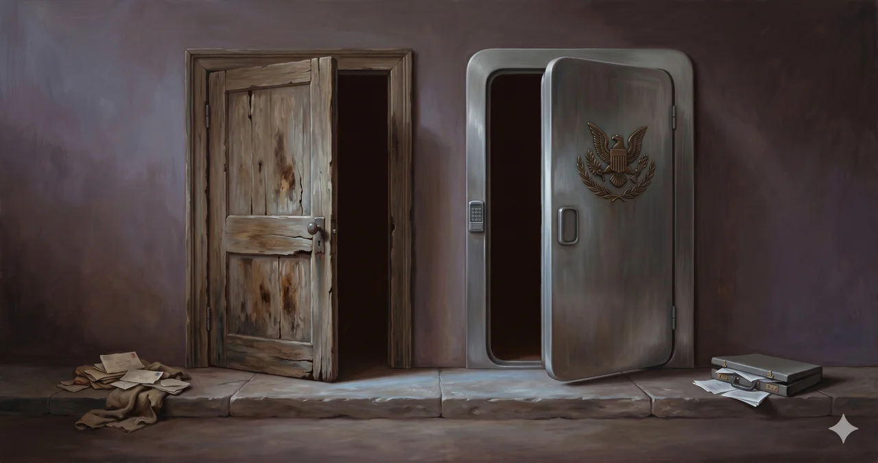 Two doors side by side, the left one old wood with visible cracks and the right one institutional metal bearing a faint government emblem, an empty shared threshold between them