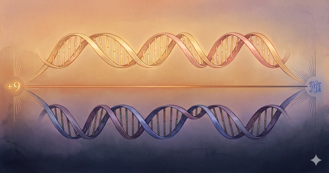 A horizontal axis with a luminous golden DNA helix labeled Divine +9 above and a darker indigo DNA helix labeled Divine -9 below, mirrored across the axis