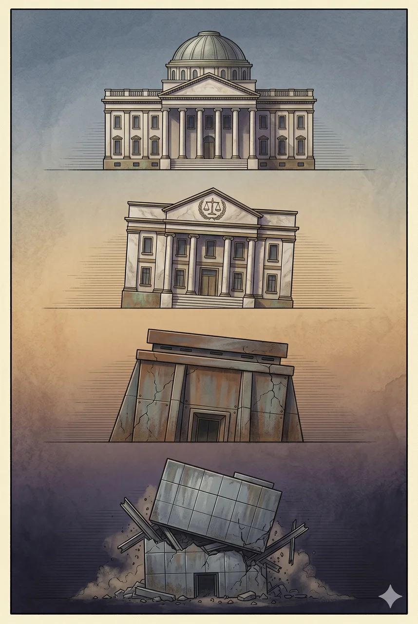 Four institutional buildings stacked vertically (parliament, central bank, military command, intelligence headquarters), each leaning further than the one above, until the bottom one has collapsed