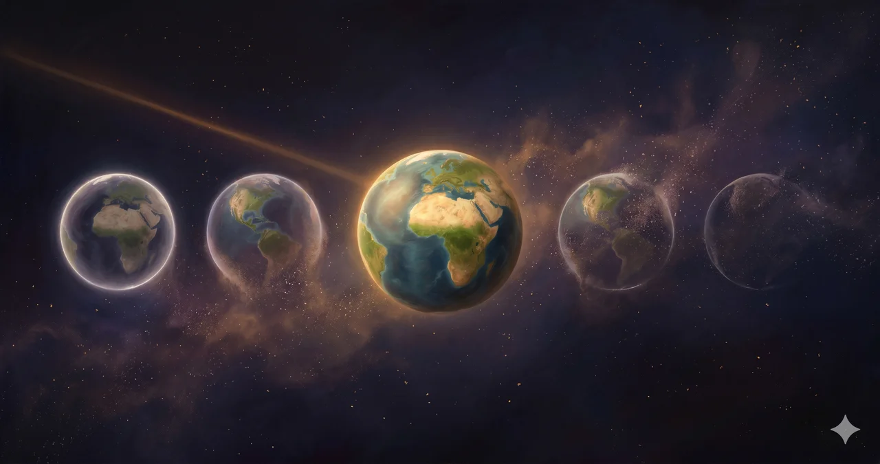 A luminous blue-green Earth at center with surrounding holographic spheres dissolving into particles, representing the new earth becoming visible while alternative timelines dissipate