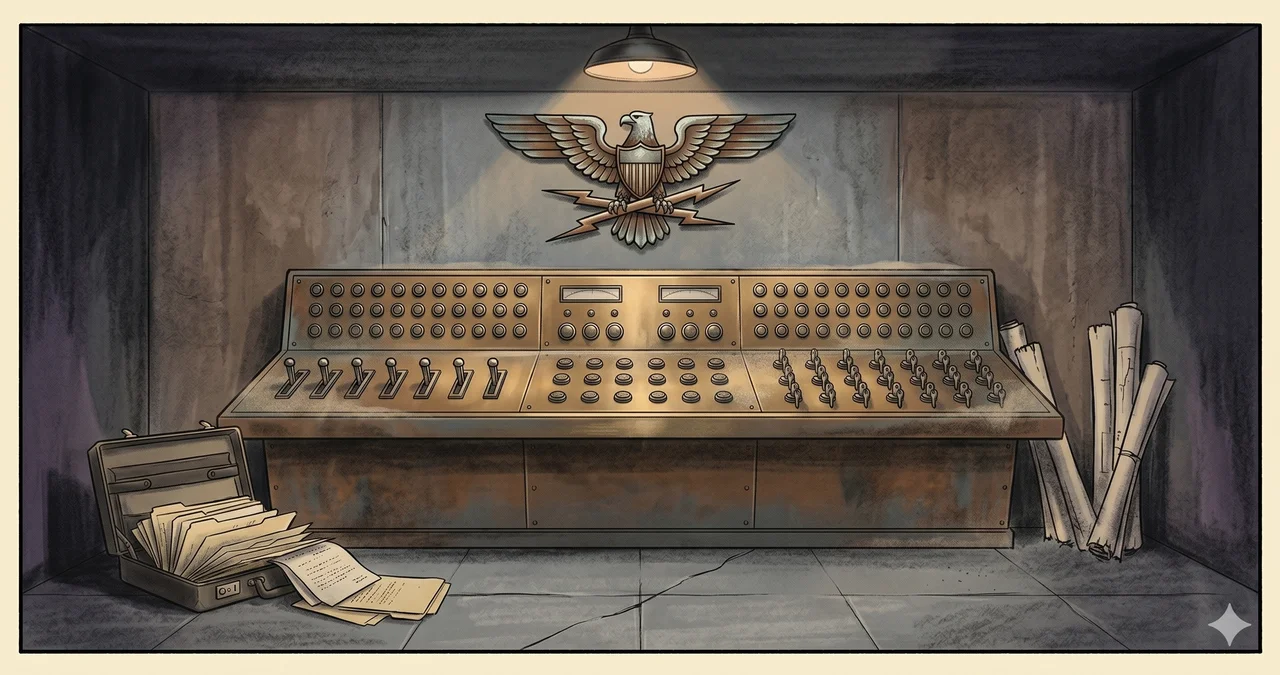 Retired military silhouettes facing a darkened control panel with all indicator lights extinguished, representing SHIELD and the failure of old access codes