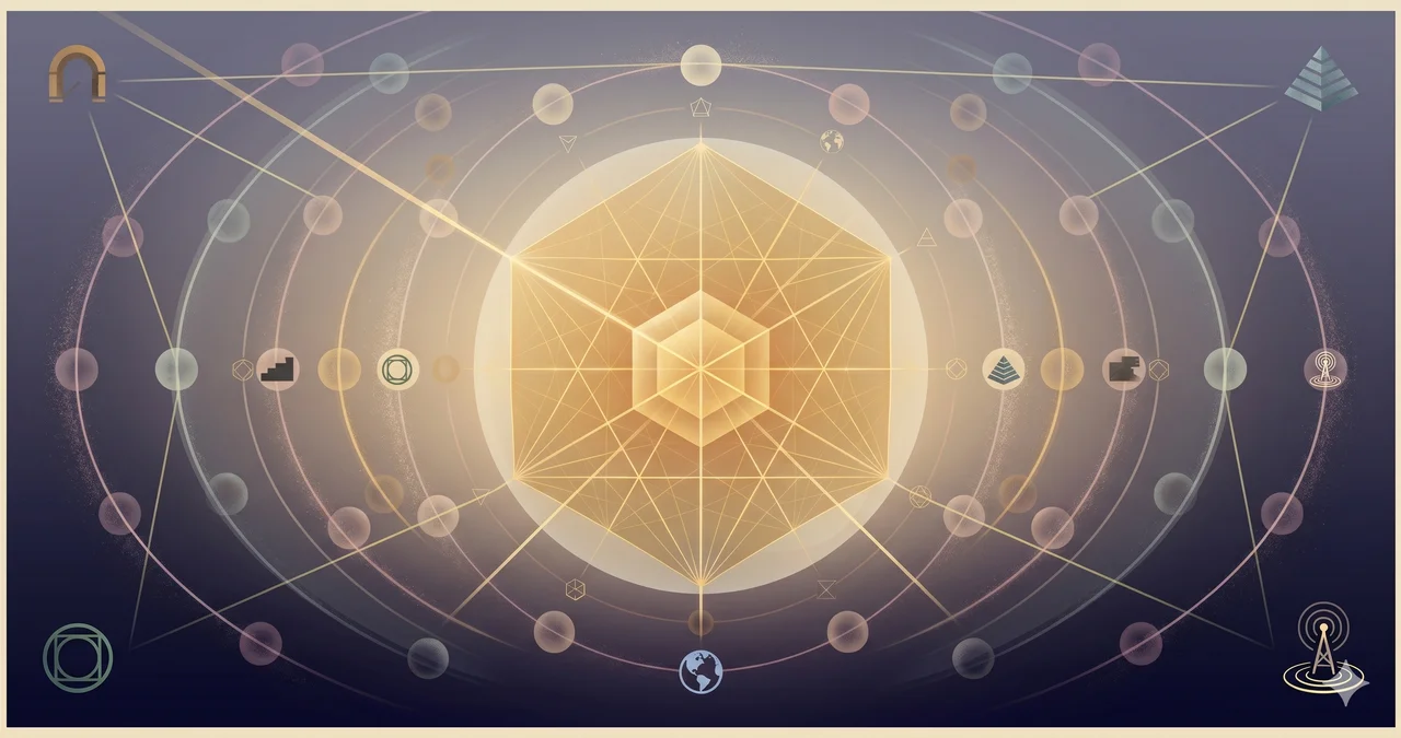 A glowing hexagonal core at the center of a wide composition, with radial lines extending outward to abstract architectural silhouettes representing the five sector institutions, representing the new holder of every master key