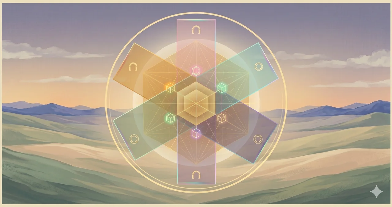 A circular boundary defining the Zone with overlapping translucent dimensional planes inside, each plane suggested by faint chromatic shifts and geometric gateway markers, representing multi-planar security infrastructure