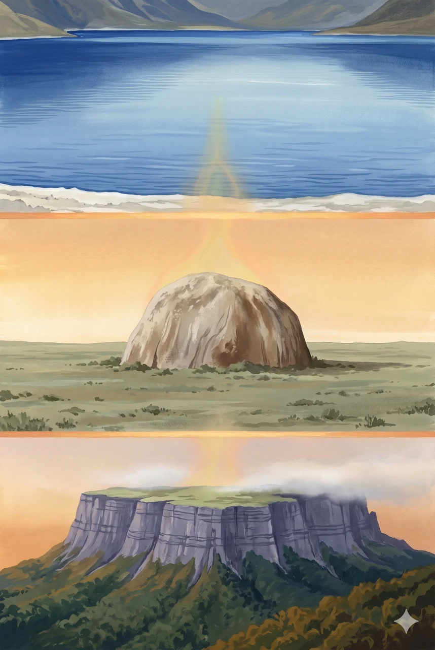 Three South American landforms stacked vertically (the blue surface of Lake Titicaca, the great rock of Guatape, the table-top of Mount Roraima) with faint outline accents, representing the three gateway sites Global Headquarters operatives reached for during the 24-hour replication window