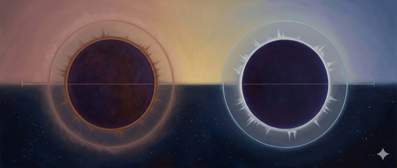 Two circular eclipse shapes side by side at the center, the left one a faint reddish-brown ring suggesting the ancient eclipse and the right one a bright silver-white ring suggesting the 2024 eclipse, connected by a thin horizontal time-axis line, representing the mirrored dates 250,000 years apart