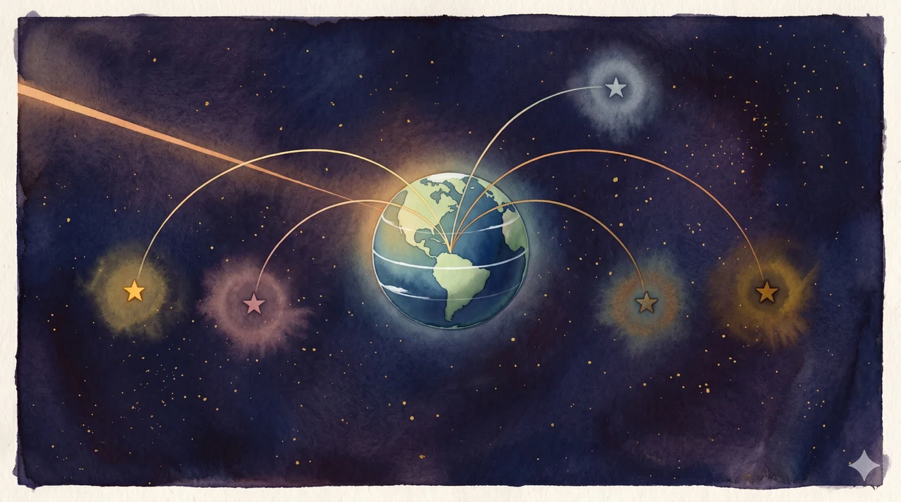 A central spherical Earth silhouette with five faint radiating arcs of light fanning outward, each arc ending near a small star accent, representing the five-way ownership split and the involved star systems after the 250,000-year-ago war