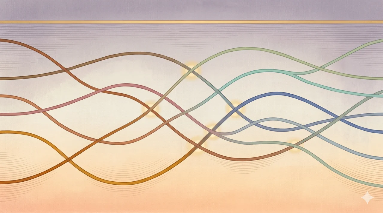 Five abstract genealogical curves stretching horizontally across the frame, interlacing with five differently colored tribe curves at multiple crossing points, representing the post-war interbreeding between the five owners and the five human tribes that produced the Merovingian bloodlines