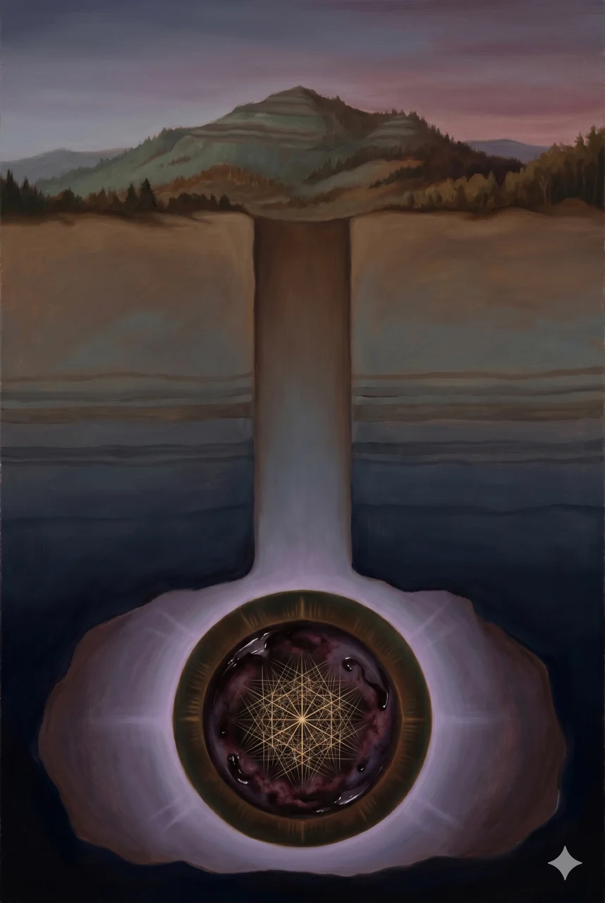 A vertical cross-section view with a small mountain silhouette at top representing Taum Sauk, a deep vertical underground cavity below it, and at the bottom a translucent dark-sun shape filled with a fine inner lattice suggesting a timeline crystal embedded in black goo