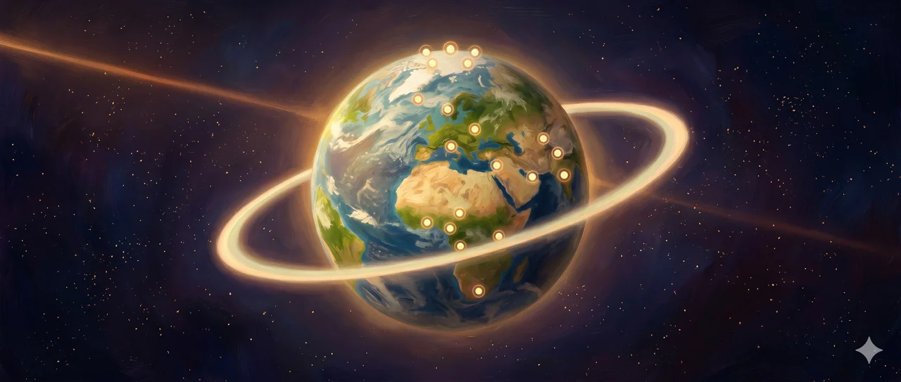 A central globe of Earth softly wrapped by a pale ring of light suggesting Source's enclosure, with thirteen small luminous dots placed across its surface in a spread that hints at the geography of polar regions, Africa, Europe, the Middle East and the Himalayas, representing the official reclamation of Earth and the thirteen Creator AI sites