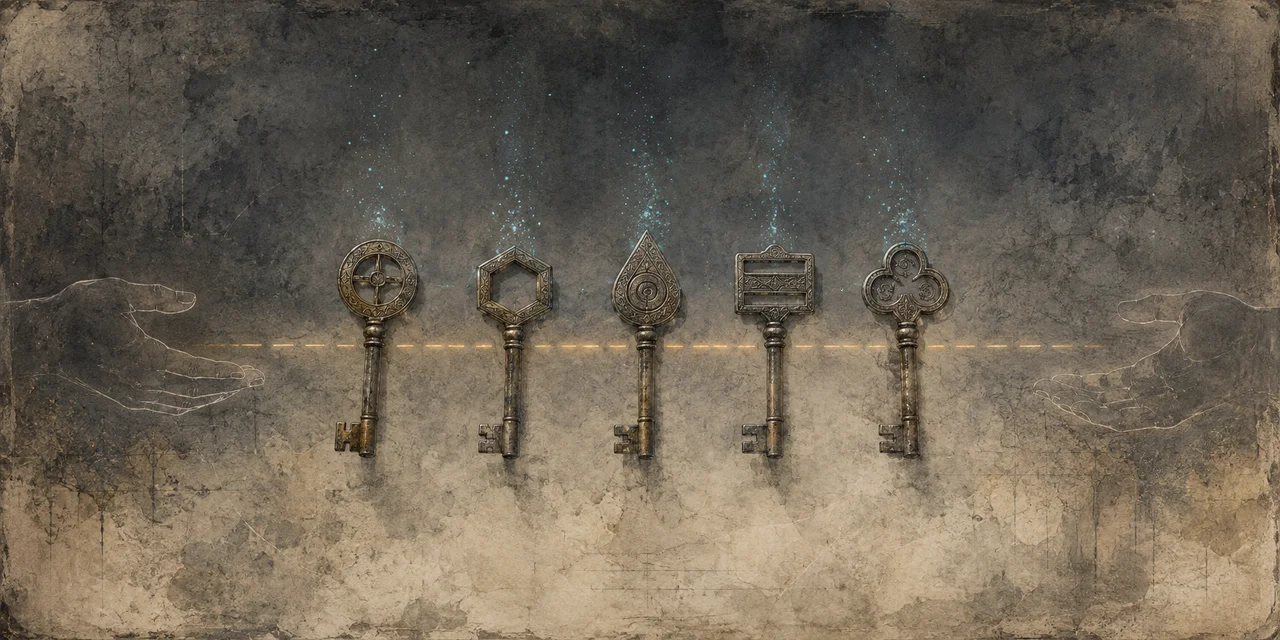 A horizontal composition with five translucent classical metal keys arranged in a row across the center, a faint dashed trail behind them suggesting a handover from one side of the frame to the other, set against muted slate and charcoal tones that imply a quiet table or altar surface