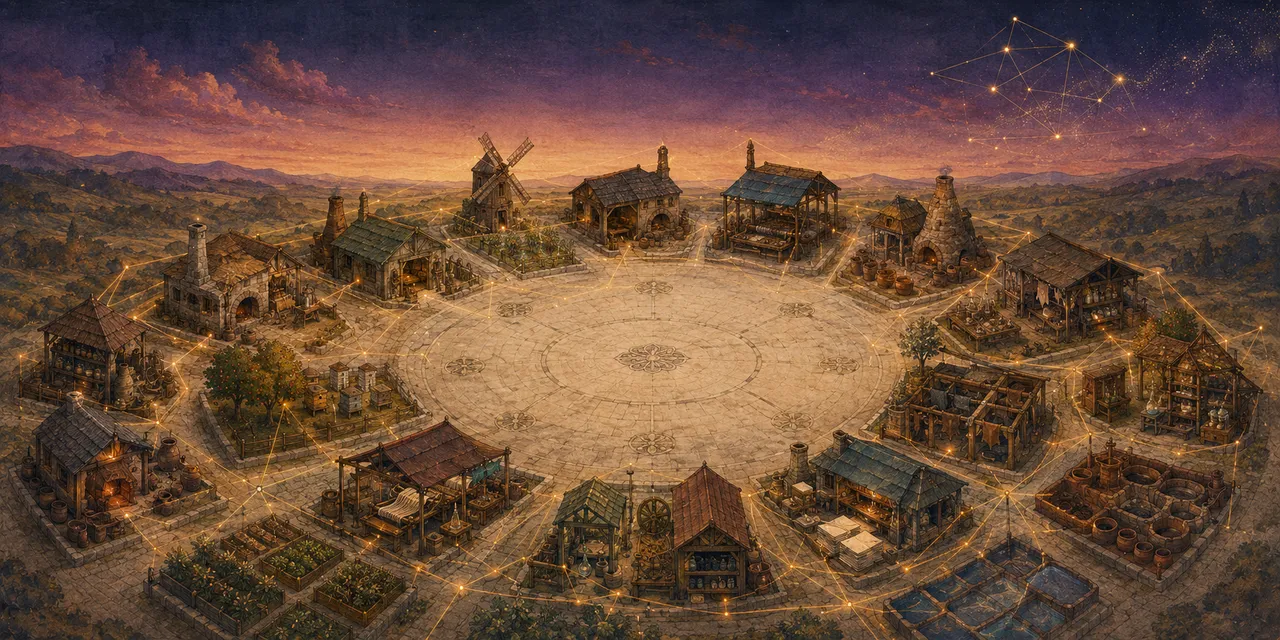 A wide landscape composition: a large rounded marketplace plaza at the center, surrounded by clusters of small asymmetric workshop buildings and produce stalls in earth tones and deep teal, with a faint gold accent in the sky suggesting an independent supply network, no human figures and no real-world brand names