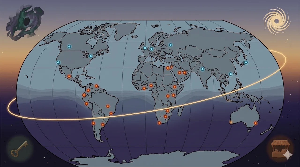 A wide world-map silhouette in muted slate and midnight indigo, with seventeen warm red dots spread across the continents at the red dust sites and eight cool blue dots at the lifeforce-machine sites, showing the global distribution of both harvest mechanisms in one frame
