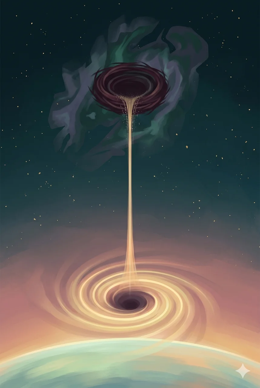 A tall portrait composition: a soft arc of Earth's atmosphere at the bottom, a spiral vortex opening in the stratosphere above it, and a thin vertical beam of pale light rising upward into a deep-teal upper field where a dark open nest structure sits within the silhouette of the Orion Nebula
