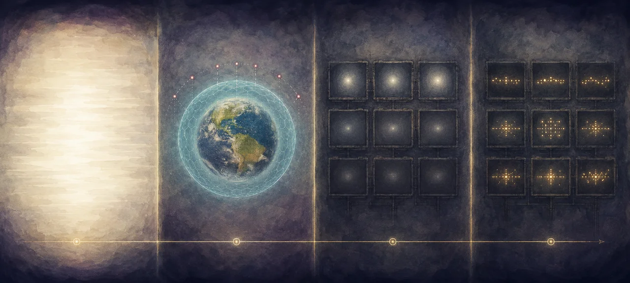 A wide landscape composition split into four horizontal panels: first panel a white-out abstract field, second panel Earth's silhouette wrapped in a thin transparent membrane, third panel dark screens going black, fourth panel abstract screen silhouettes with patterns of glowing dots replacing readable text, all set against deep teal and muted slate tones