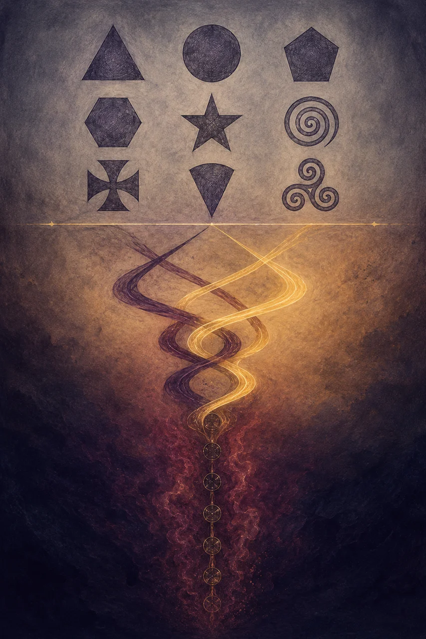 A tall portrait composition: nine abstract geometric forms across the top representing the nine deadly sins criteria, two branching paths in the center splitting into dark and light tones for death program and life program, a thin vertical chain of small circles at the bottom suggesting parent-to-child transmission, set against midnight indigo and charcoal gradients