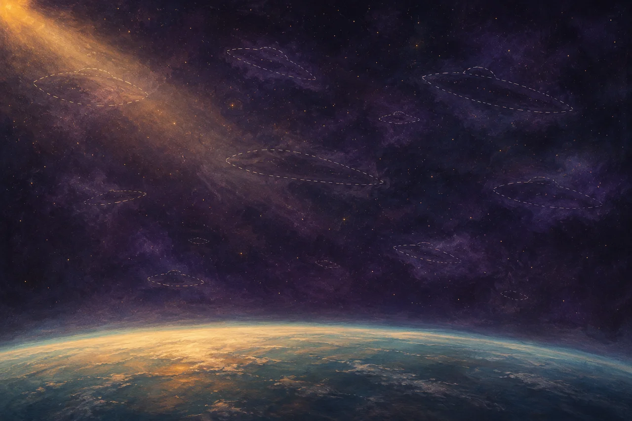 A wide landscape composition: the curve of Earth at the bottom, faint translucent ship silhouettes drawn with dashed outlines in the upper space, the dashed treatment emphasizing absence, set against muted slate and midnight indigo tones, no human figures, no real-world brand names