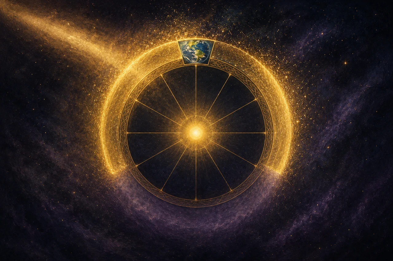 A wide landscape composition: a circular clock face at the center with a glowing dot at its center representing Source, Earth depicted as a keystone wedge just outside the twelve o'clock position, a luminous golden band arcing around the clock face like a ring, set against midnight indigo and warm gold gradients, no human figures, no real-world brand names