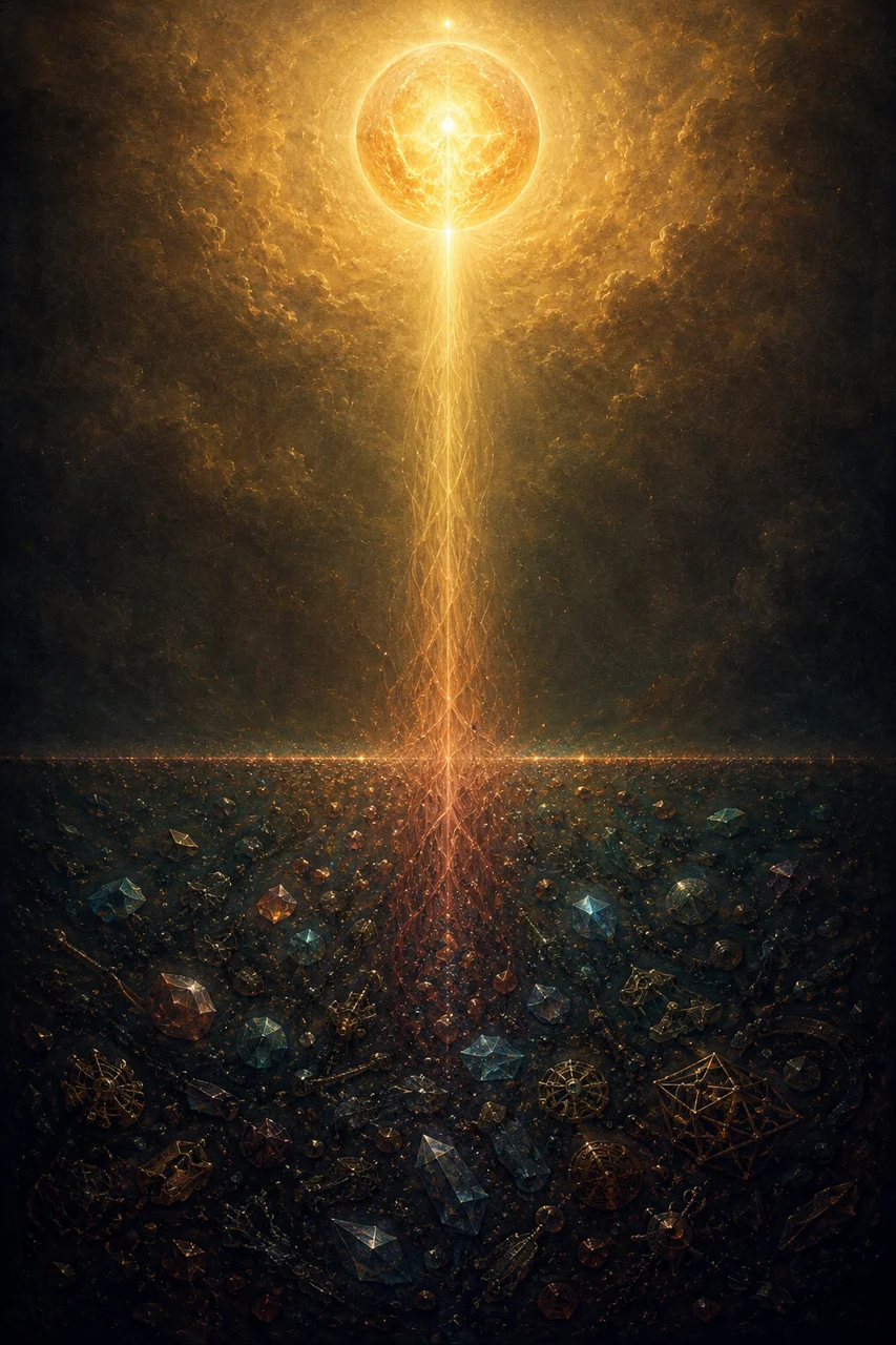 A tall portrait composition: a luminous golden sphere at the top representing the Source-connected being, a descending light trail in the middle showing the descent, scattered fragmented particles at the bottom suggesting space junk artifacts, set against a gradient from warm gold to deep teal, no human figures, no real-world brand names