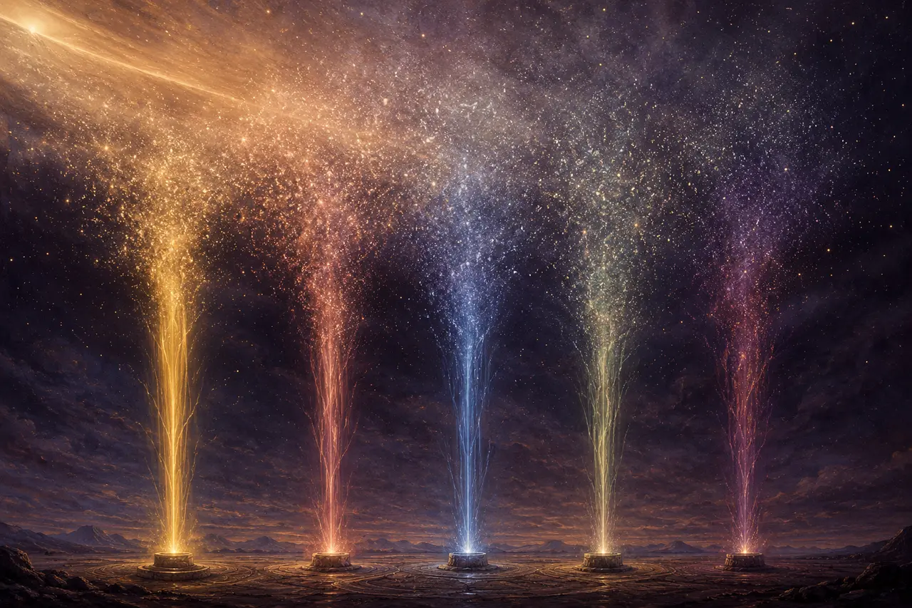 A wide landscape composition: five thin light columns rising in the center, each with a distinct hue, dispersing into darker indigo particles at the top to suggest dissipation, set against muted slate and midnight indigo tones, no human figures, no real-world brand names