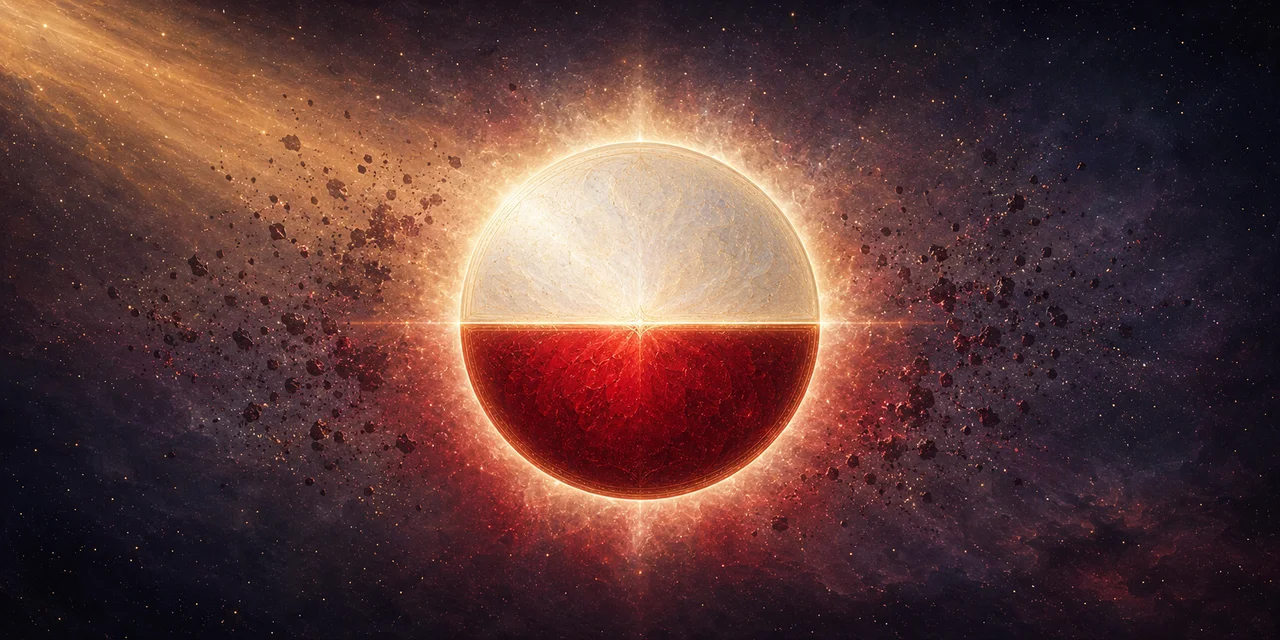 A wide landscape composition: a large circular shield at the center with its outer half in pure white and inner half in pure red, surrounded by dispersing black-and-red residue, set against warm gold and muted slate tones, no human figures, no real-world brand names