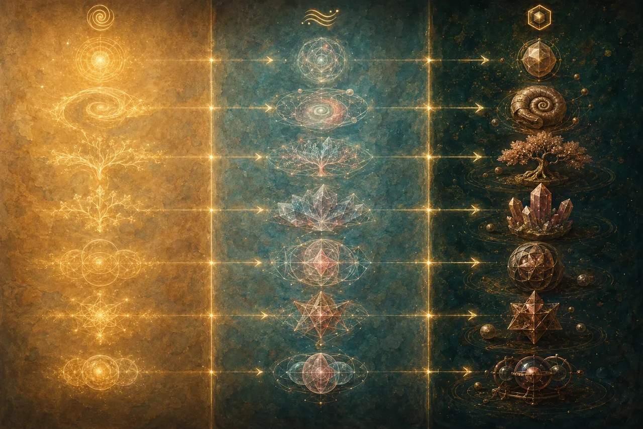 A wide landscape composition split into three horizontal panels: leftmost panel abstract geometric ideas representing creativity at origin, middle panel half-formed translucent shapes, rightmost panel solid crystallized forms, connected by thin light arrows showing flow from left to right, set against a gradient from midnight indigo to warm gold, no human figures, no real-world brand names