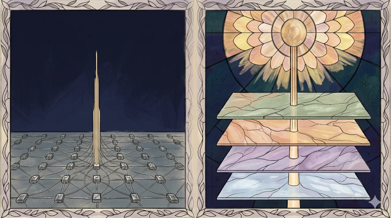 A side-by-side abstract diagram with the left side showing a horizontal lattice of electronic-looking nodes on a single flat surface and the right side showing a vertical column of light passing through multiple stacked translucent planes, contrasting the surface-bound electronic Omega system with the organic multi-plane Alpha system, no text and no figures